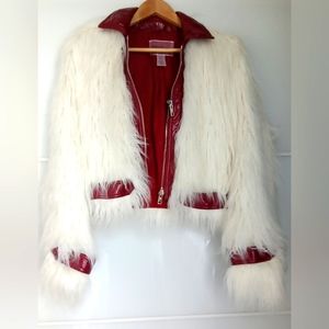 Stylish White and Red Faux Fur Jacket